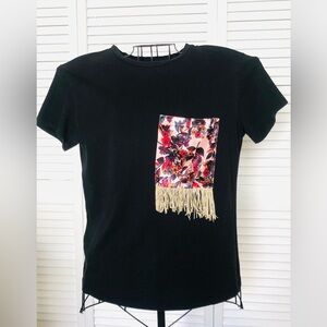 ZARA Fringe Pocket Tee Size Small Black Gold Fringe Boho Festival